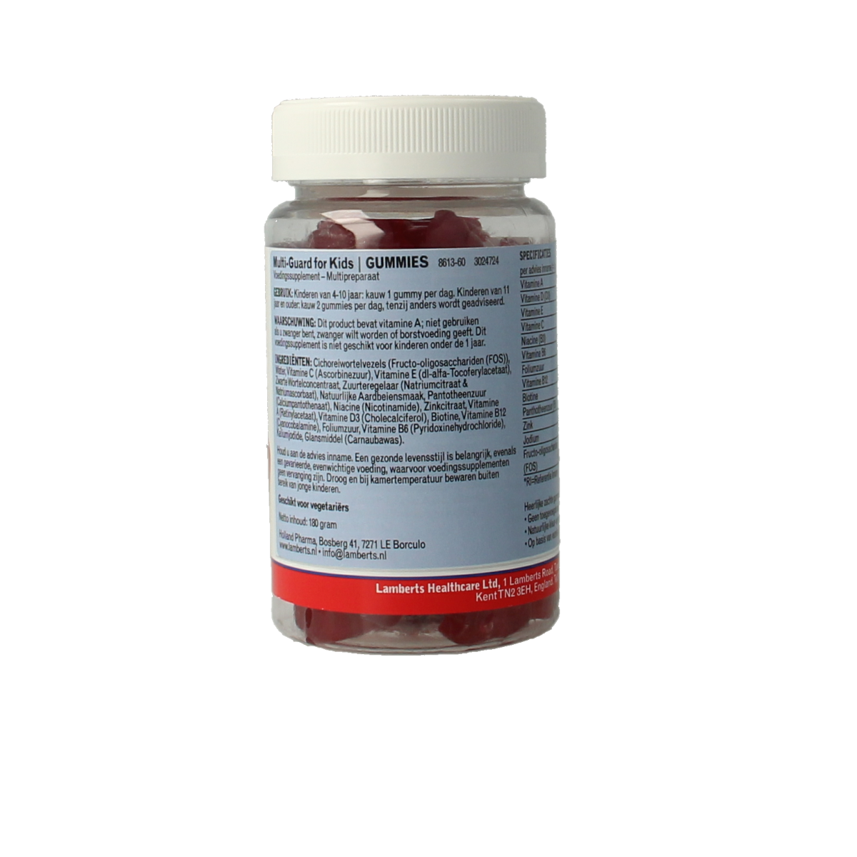 Lamberts Multi-Guard for Kids gummies, vitamin multivitamin supplement in a colorful bottle with 60 gummies visible.