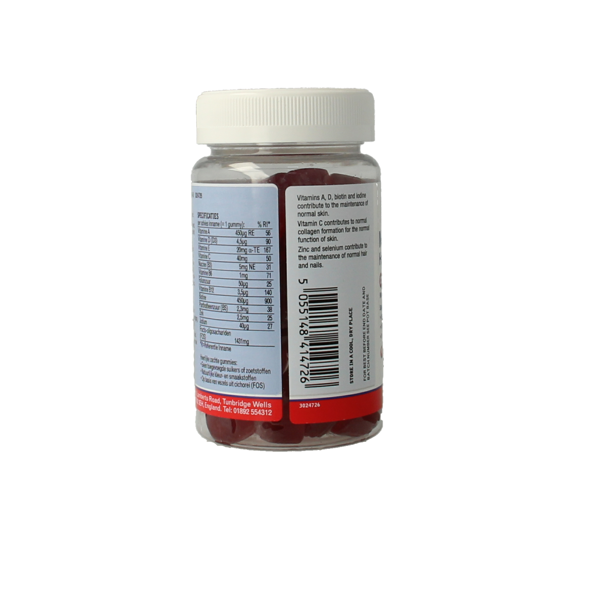 Lamberts Multi-Guard hair, skin, and nail gummies in a bottle, showing 60 gummies with colorful fruit flavors.