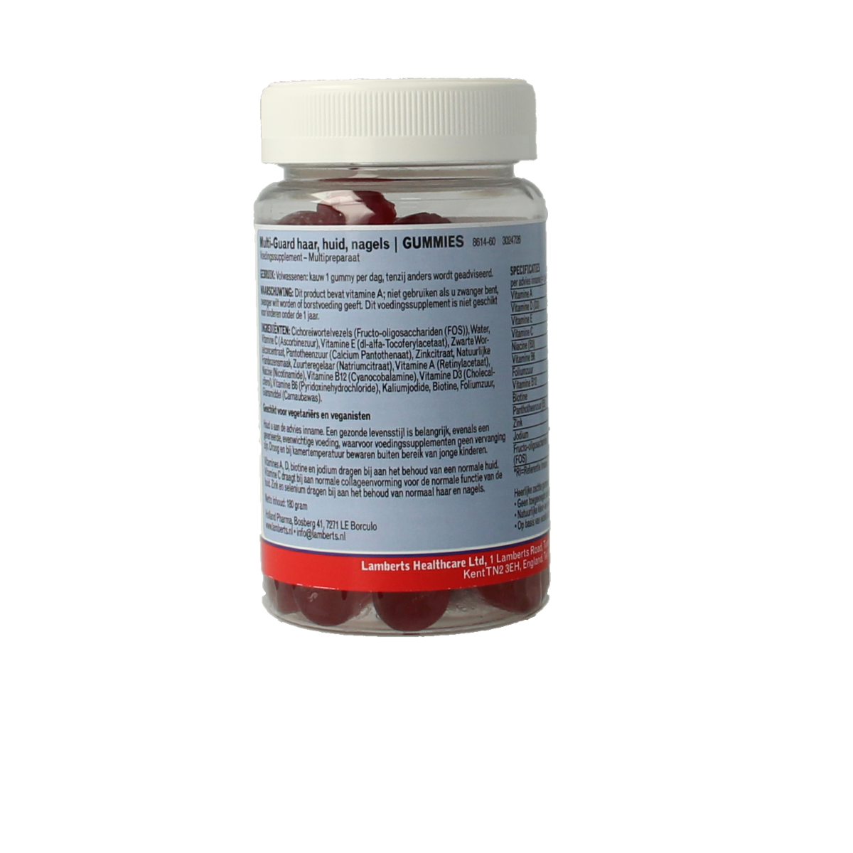 Lamberts Multi-Guard hair, skin, and nail gummies in a bottle, showing 60 soft gummies for overall beauty and health support.