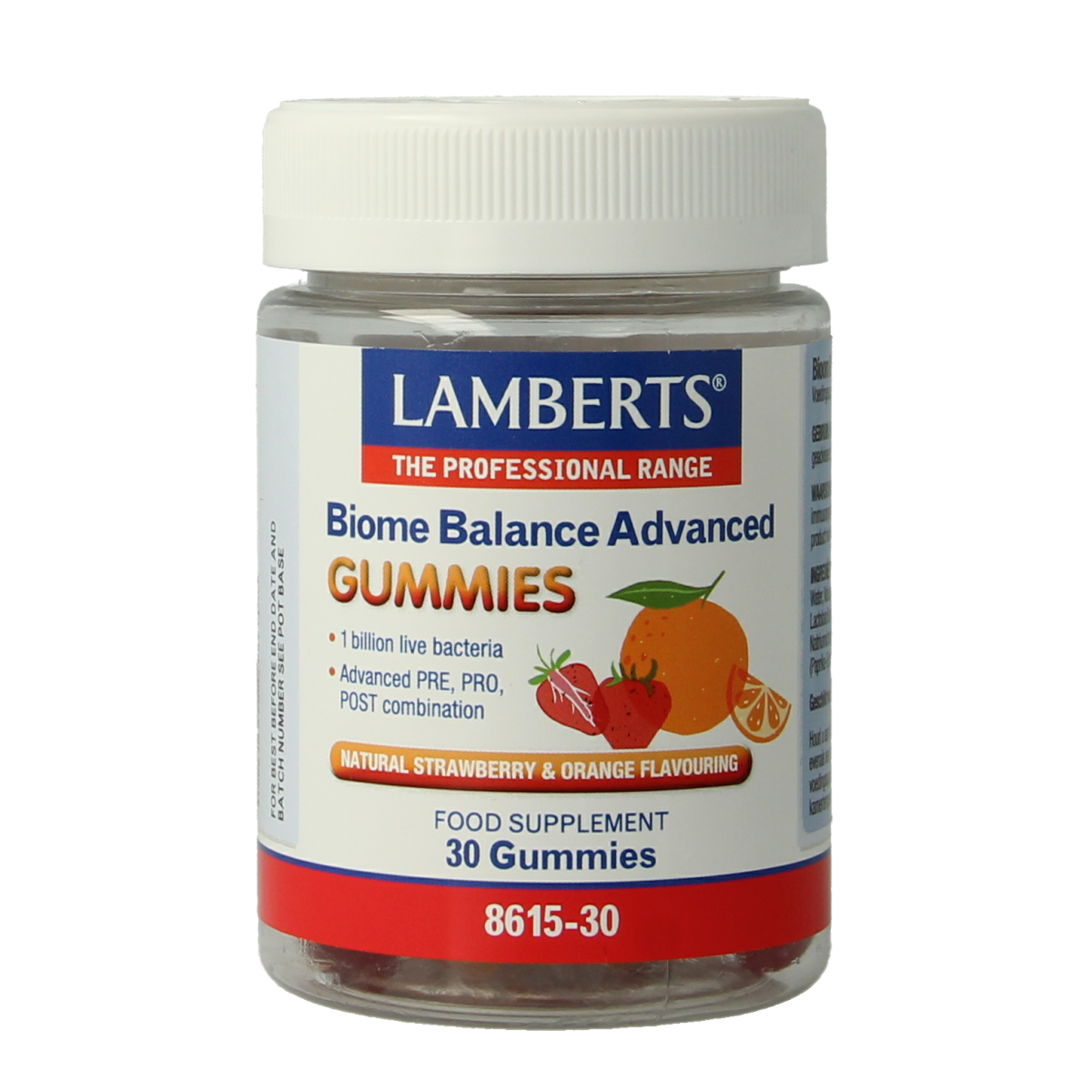 Lamberts Bioom Balans Advanced Gummies, herbal supplement in a clear bottle with 30 gummies on a white background.