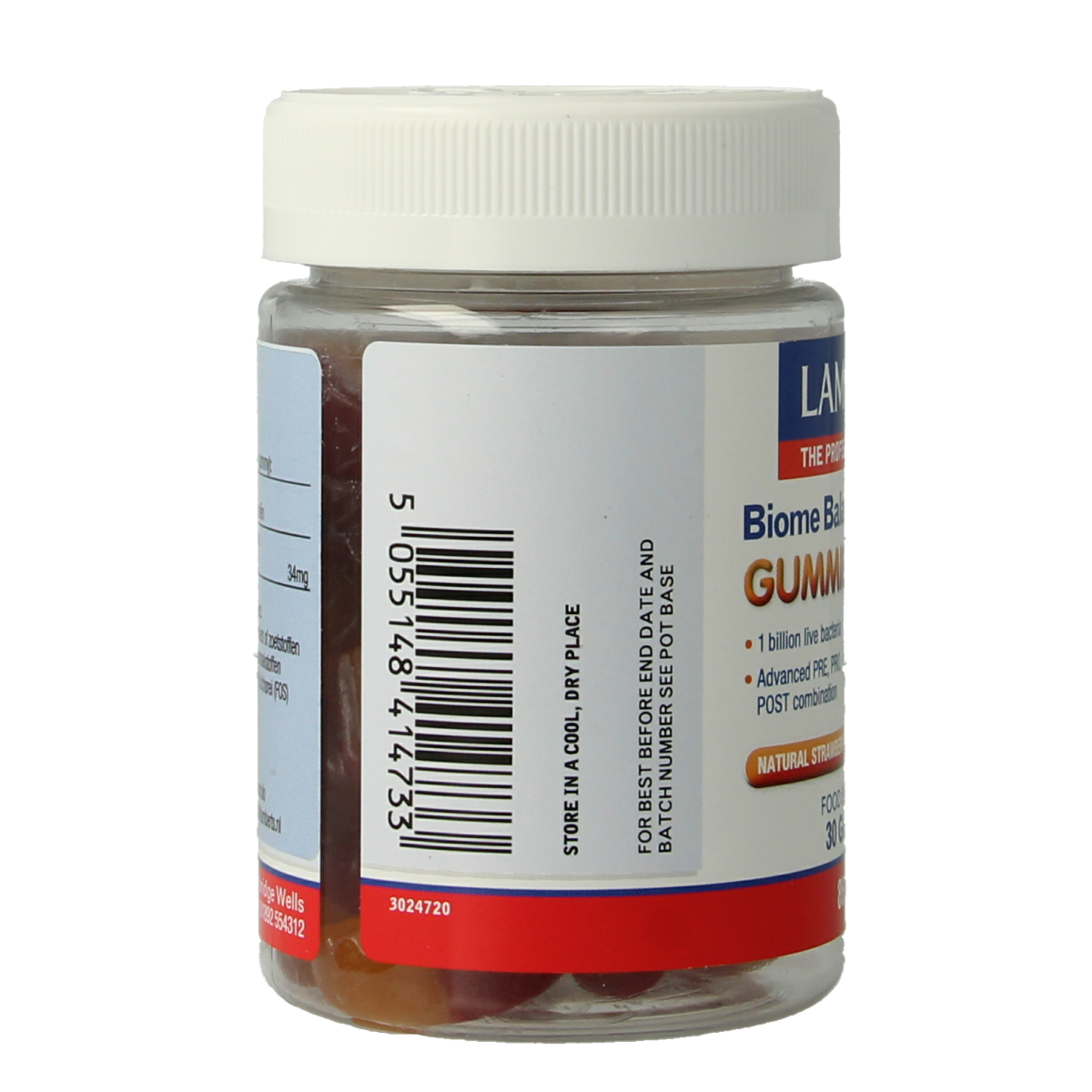 Lamberts Bioom Balans Advanced gummies in a clear container, showing 30 herbal supplement gummies for digestive health.