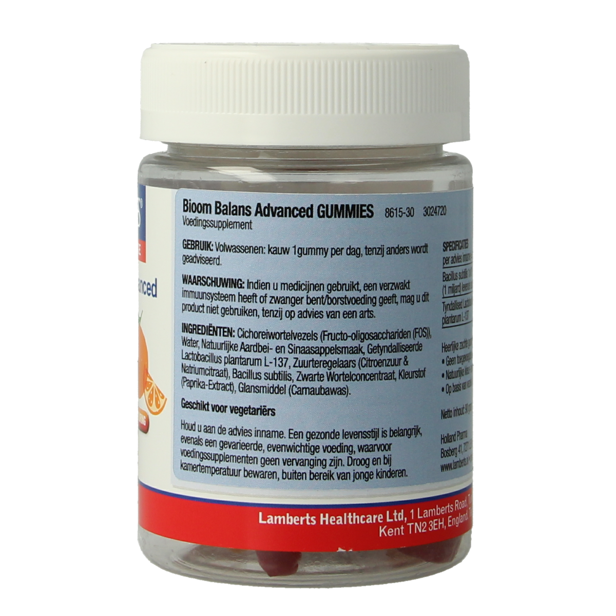 Lamberts Bioom Balans Advanced Gummies, herbal supplement in a clear jar with 30 gummies visible, featuring colorful fruit shapes.