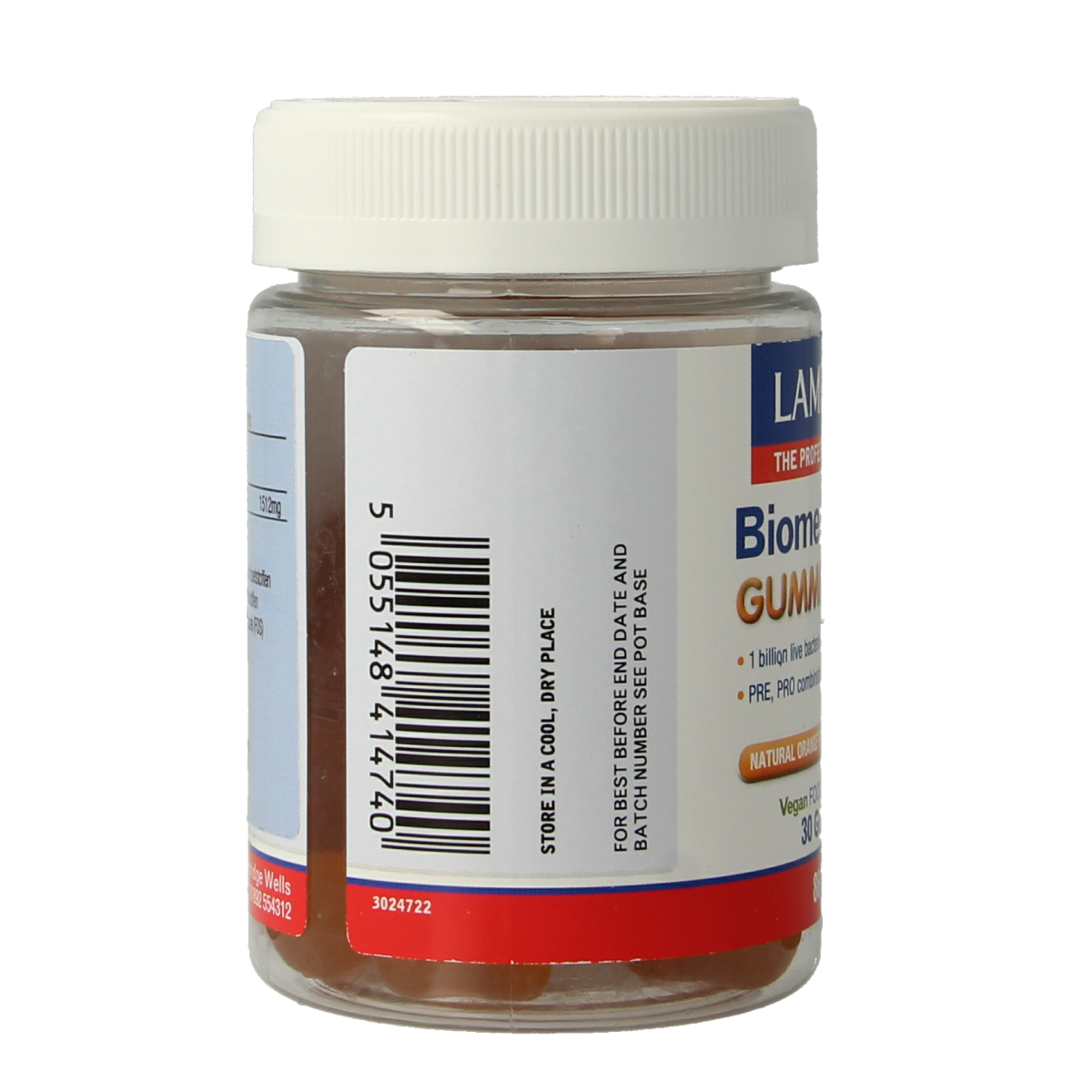 Lamberts Bioom Balans gummies in a clear container, showing 30 colorful herbal supplement gummies for digestive health.