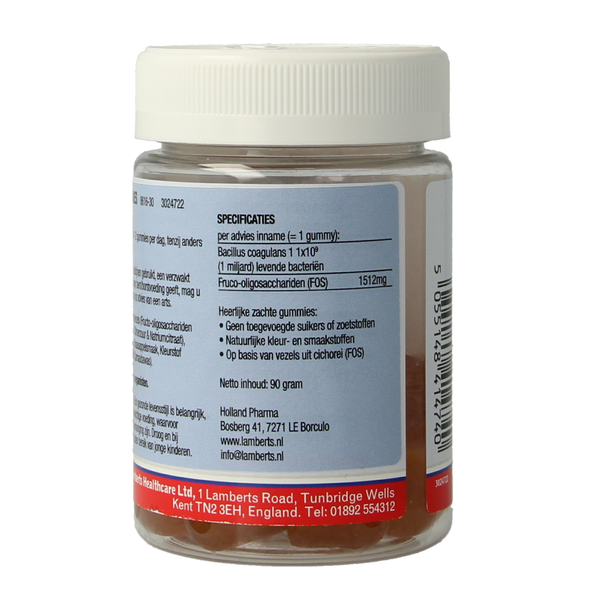 Lamberts Bioom Balans gummies in a clear jar, containing 30 herbal supplement gummies for digestive health.