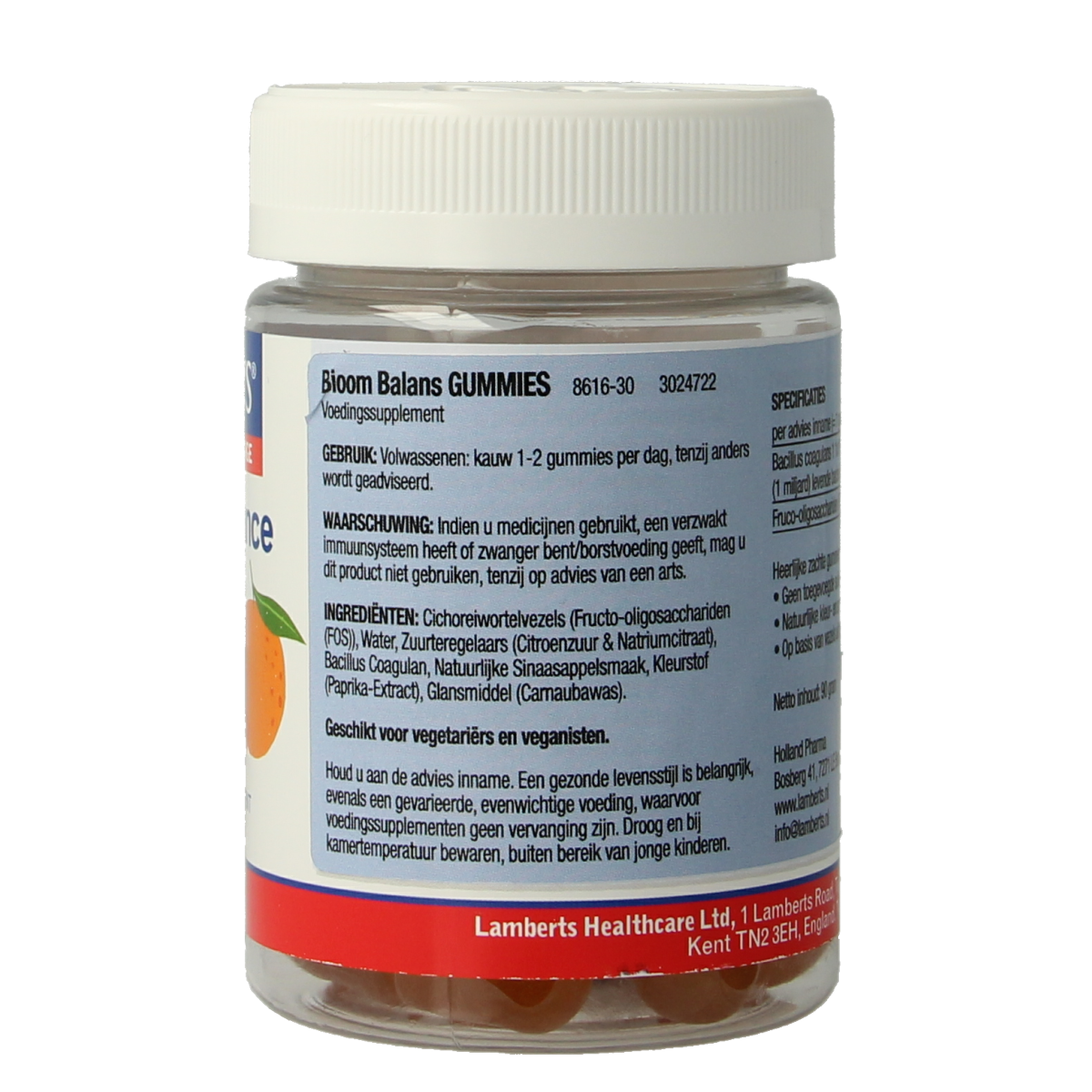 Lamberts Bioom Balans gummies, herbal supplement in a clear jar with 30 gummies, featuring colorful gummy shapes.