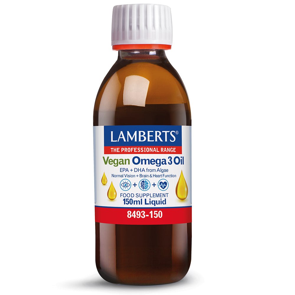 Lamberts Vegan Omega 3 oil in a 150ml bottle, showing the clear glass container with the oil inside.