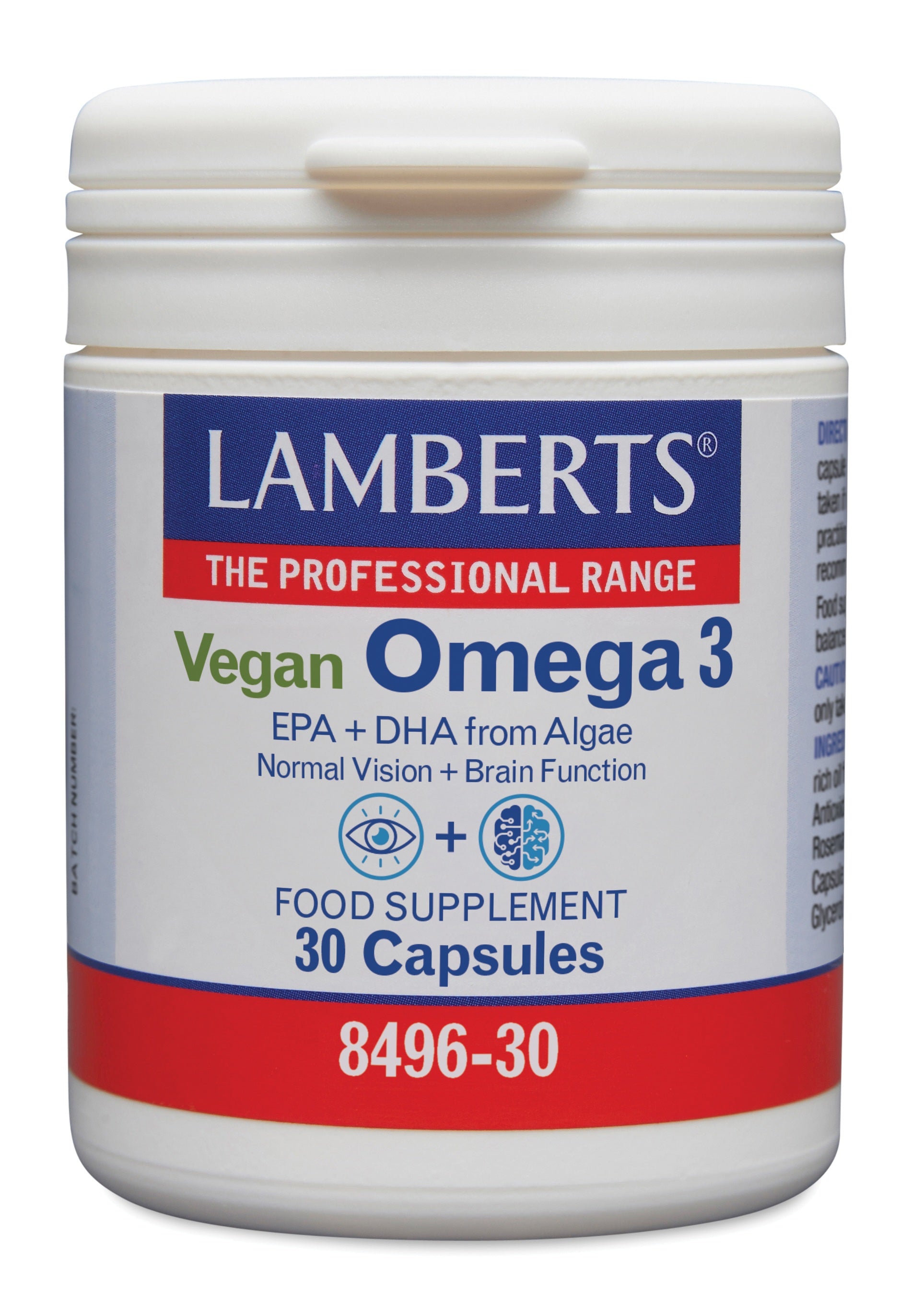 Lamberts Omega 3 vegan capsules, Vetzuren supplement, showing 30 capsules in a clear container with label.