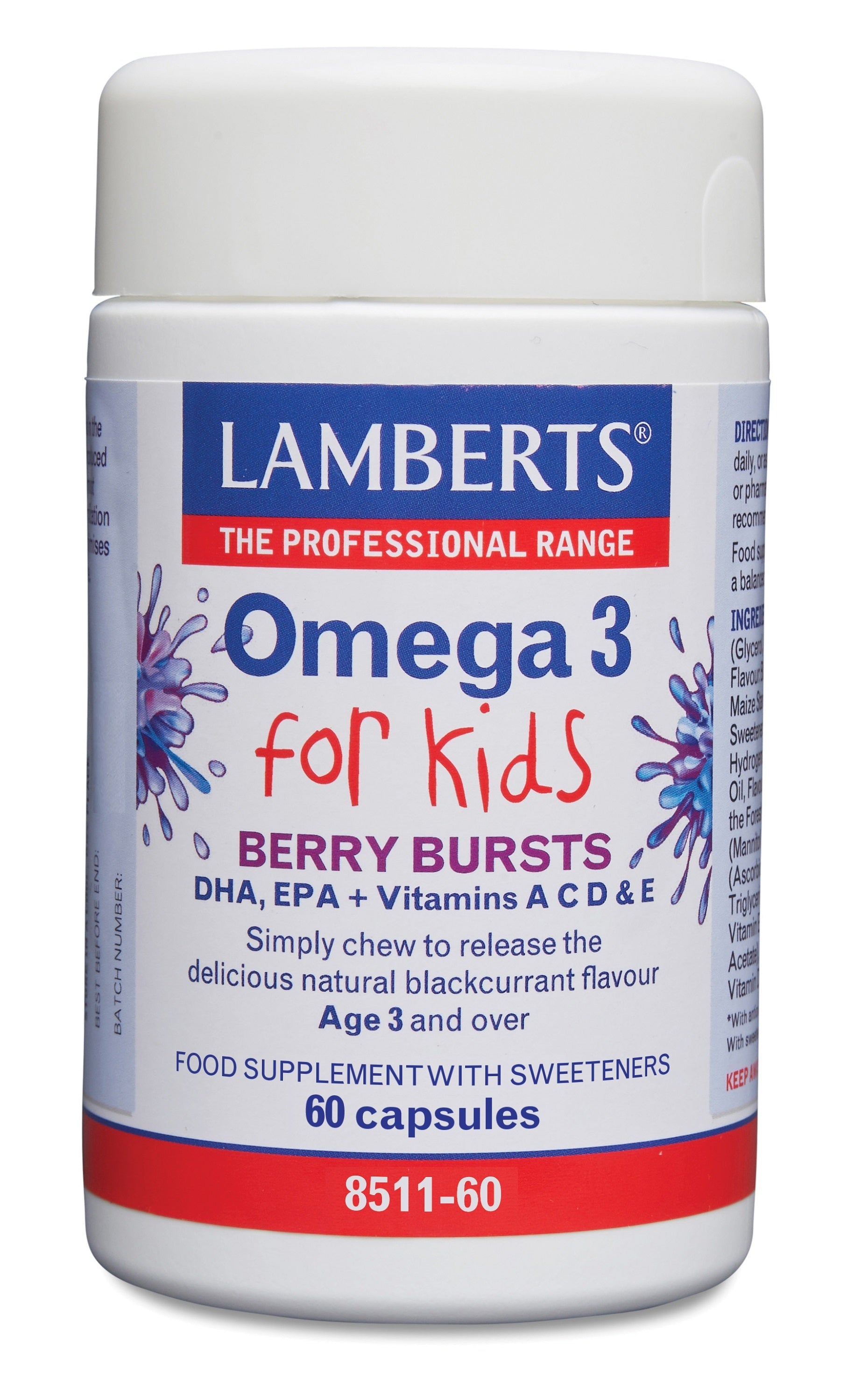Lamberts Omega 3 Vetzuren capsules for kids, 60 count, featuring softgel capsules with clear labeling and colorful packaging.