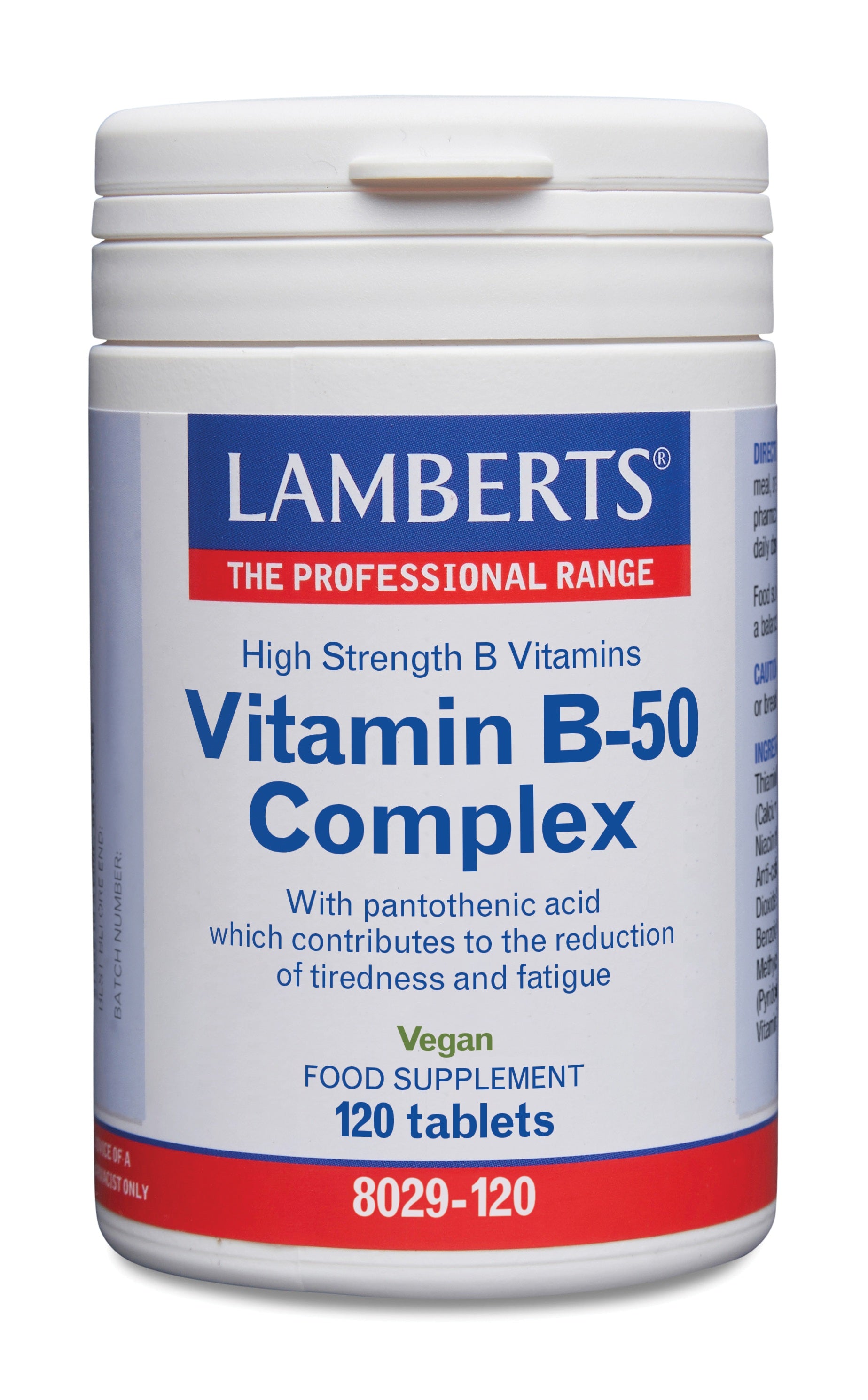 Lamberts Vitamin B50 Complex 120 tablets, natural supplement, close-up of the bottle and tablets on a white background.