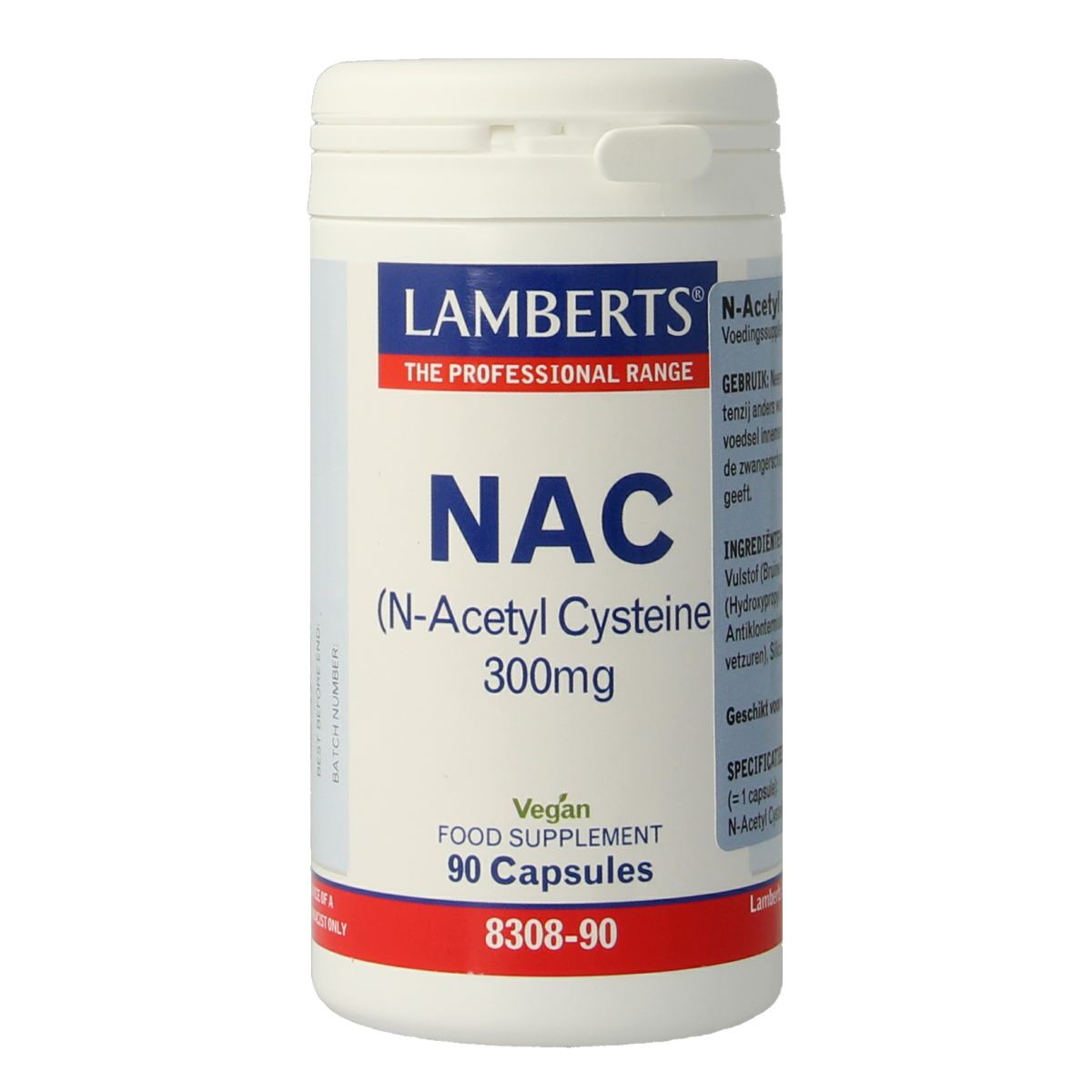 Lamberts N acetyl cysteine amino acid capsules in a bottle, dietary supplement, with 90 capsules visible.