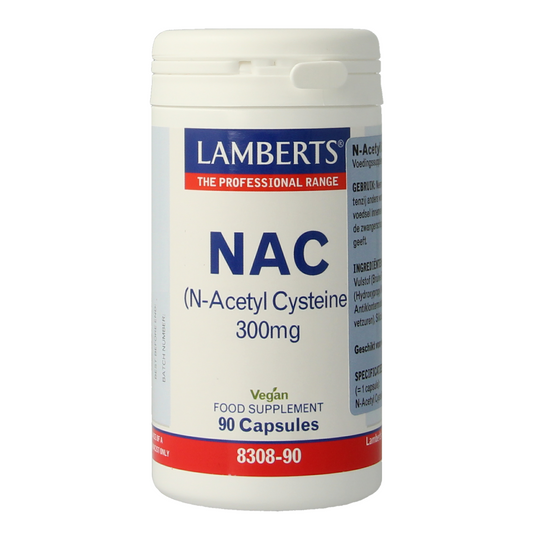 Lamberts N acetyl cysteine amino acid capsules in a bottle, dietary supplement, with 90 capsules visible.