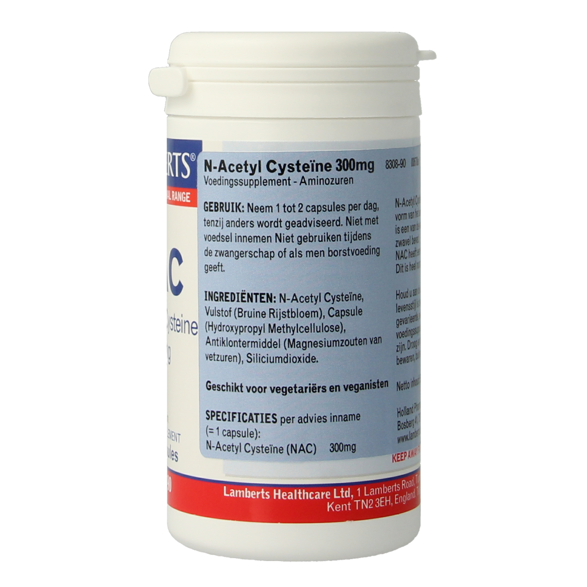 Lamberts N-Acetyl Cysteine amino acid supplement capsules in a bottle, showcasing the product packaging and capsules inside.