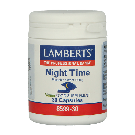 Lamberts Night Time herbal supplement capsules in a bottle, designed for restful sleep and relaxation.