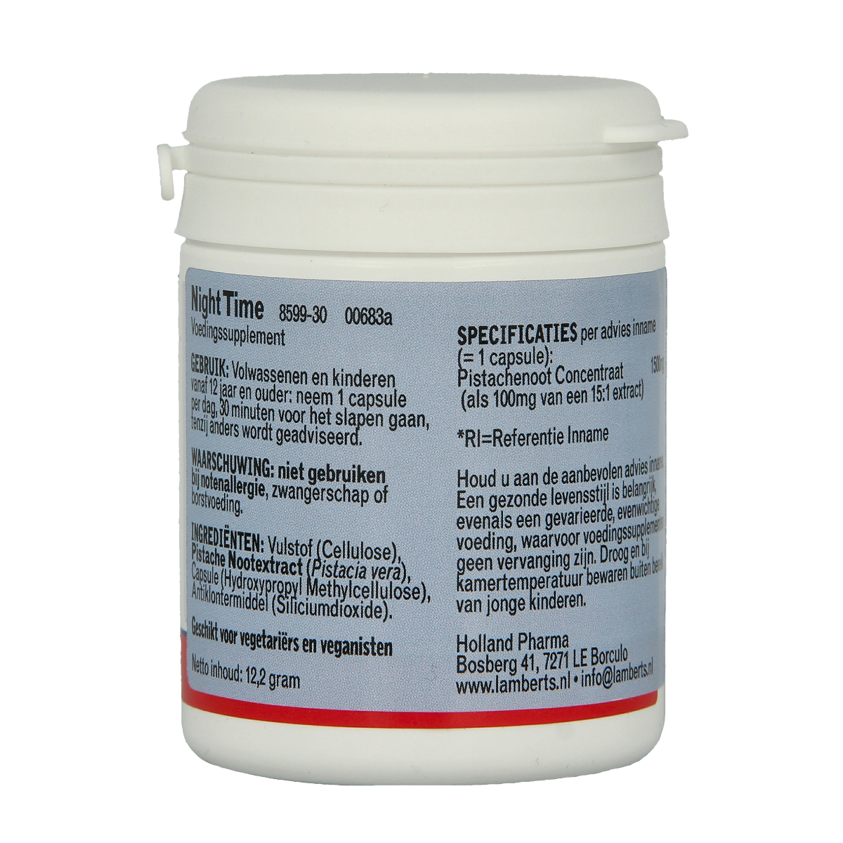 Lamberts Night Time herbal supplement capsules, 30 count, in a clear bottle with a white label and blue accents.