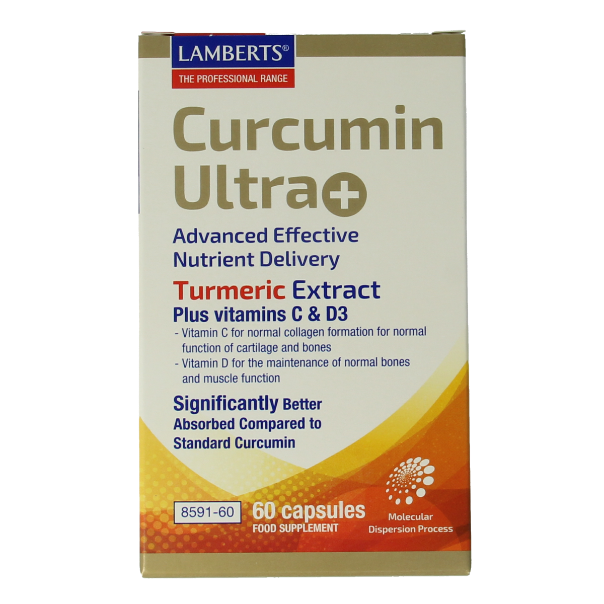 Lamberts Curcumine Ultra+ capsules in a bottle, herbal supplement for joint and immune support, with 60 capsules.