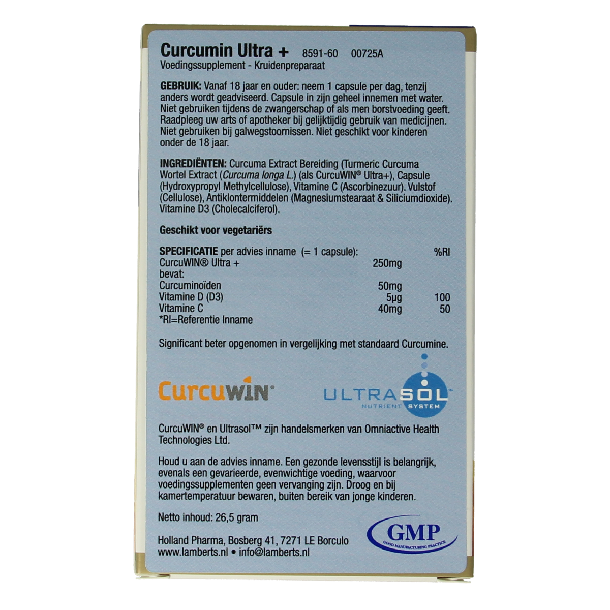 Lamberts Curcumine Ultra+ capsules, herbal supplement in a white bottle with capsules visible inside.