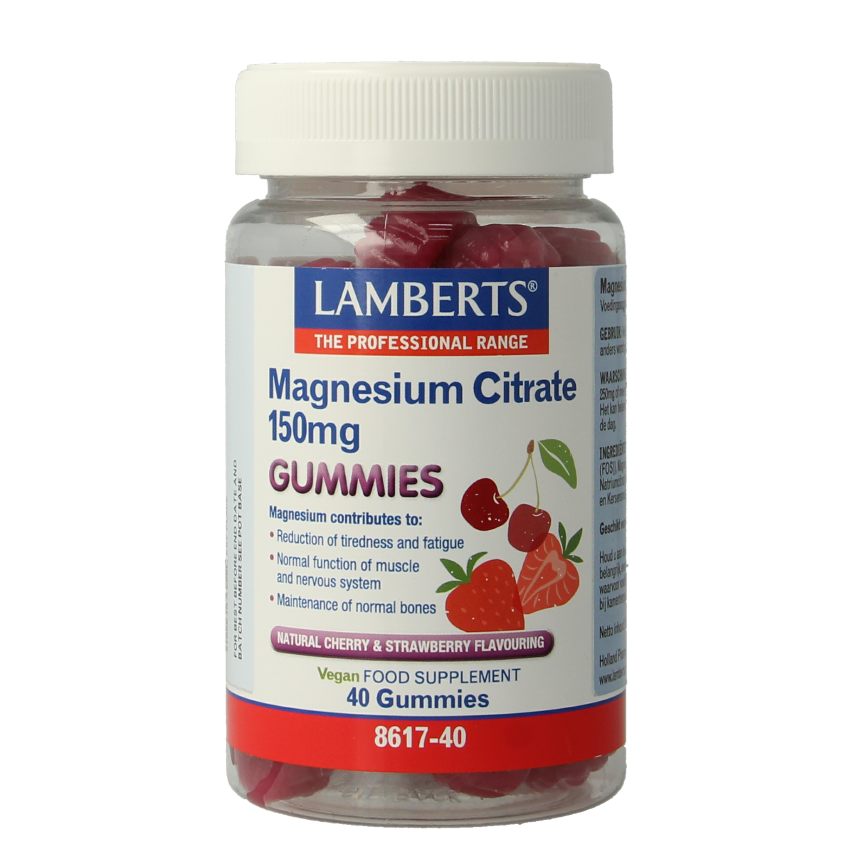 Lamberts Magnesium Citraat Gummies bottle with 40 gummies, natural mineral supplement for magnesium intake.