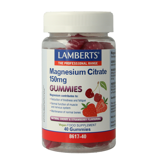 Lamberts Magnesium Citraat Gummies bottle with 40 gummies, natural mineral supplement for magnesium intake.
