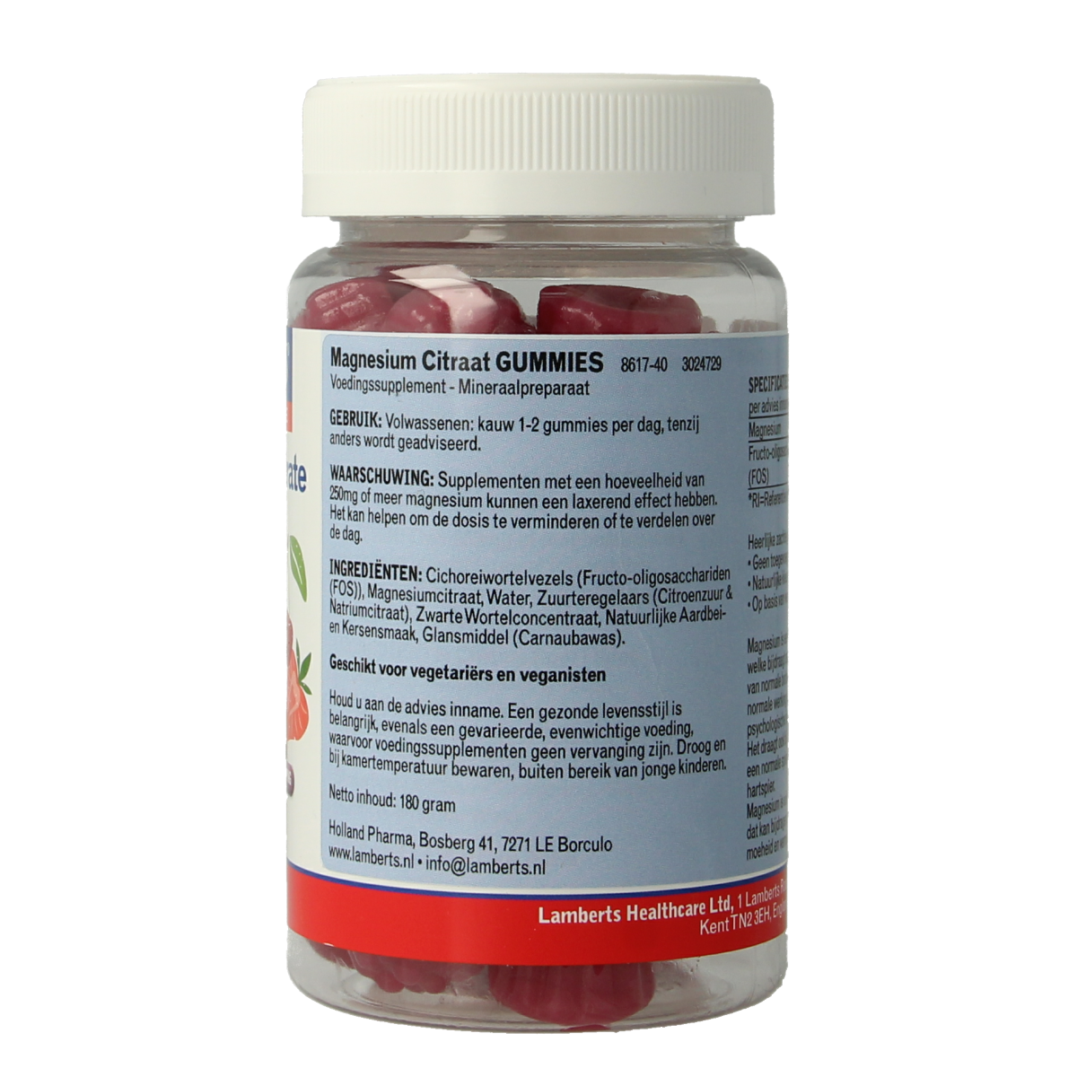 Lamberts Magnesium Citraat Gummies bottle with 40 gummies, showing colorful fruit-flavored mineral supplement chews.