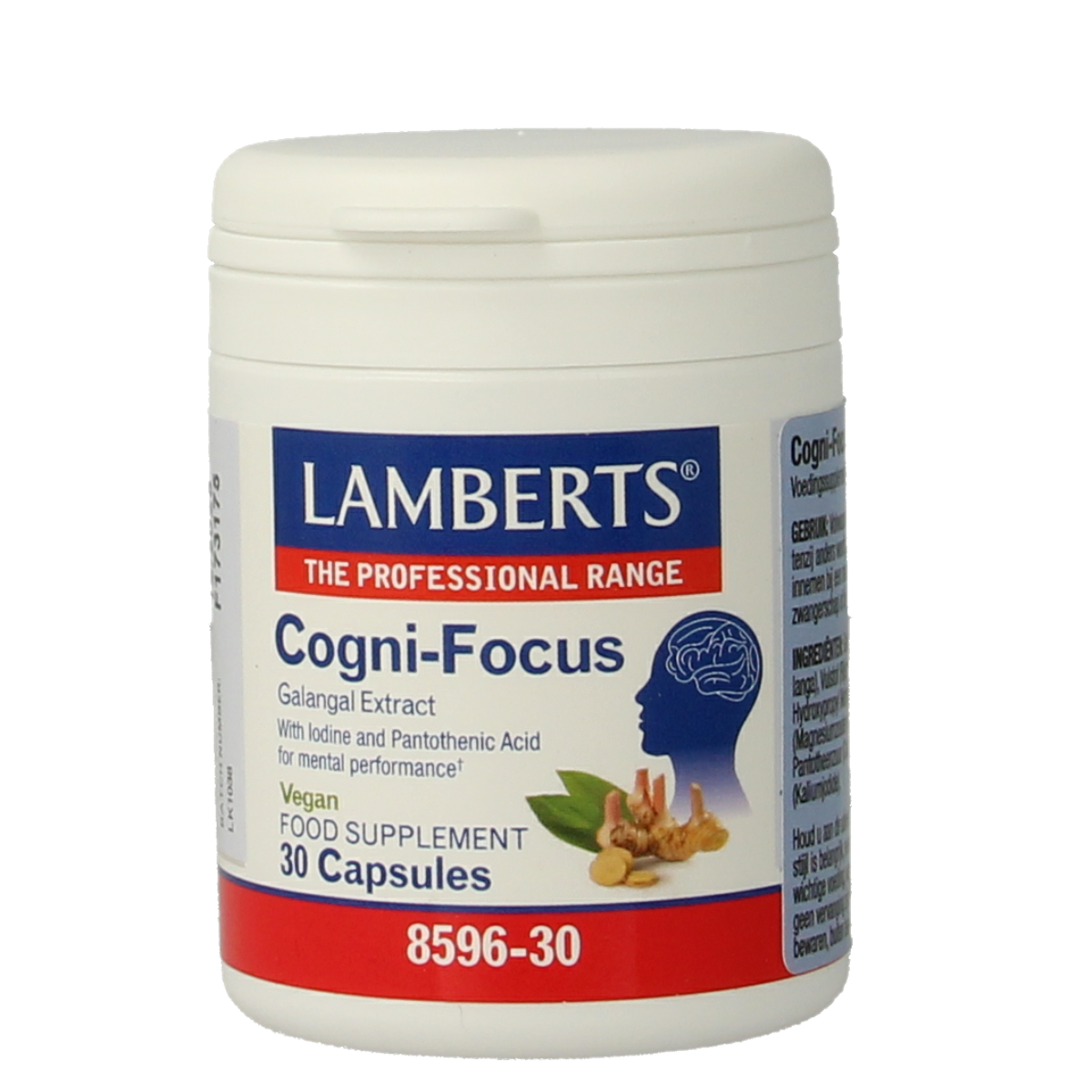 Lamberts Cogni-focus capsules, herbal supplement for cognitive support, in a bottle with capsules visible.