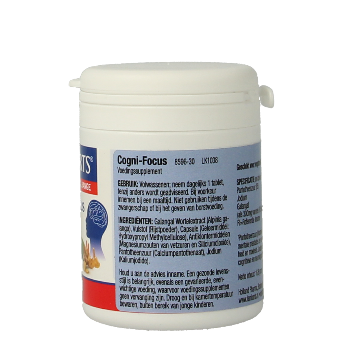 Lamberts Cogni-focus herbal supplement capsules in a bottle, designed to support cognitive health and mental clarity.