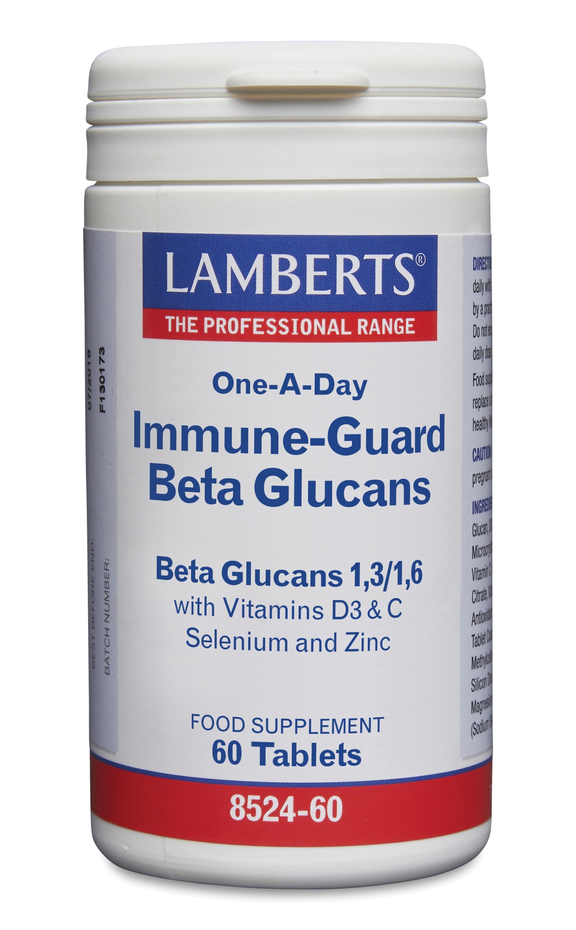Lamberts Immune-Guard multivitamin tablets with betaglucanen, D3, C, selenium, and zinc for immune support.