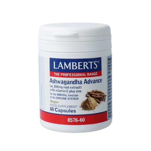 Lamberts Ashwagandha Advanced capsules in a bottle, herbal supplement for stress and wellness, 60 capsules.