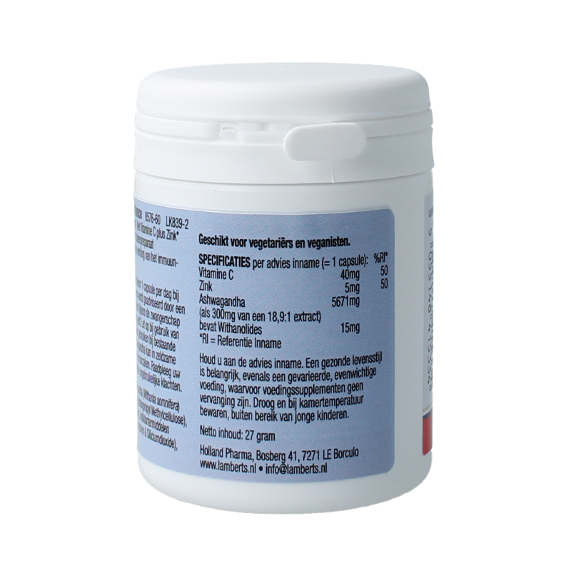Lamberts Ashwagandha Advanced herbal supplement capsules in a bottle, designed for stress relief and overall wellness.