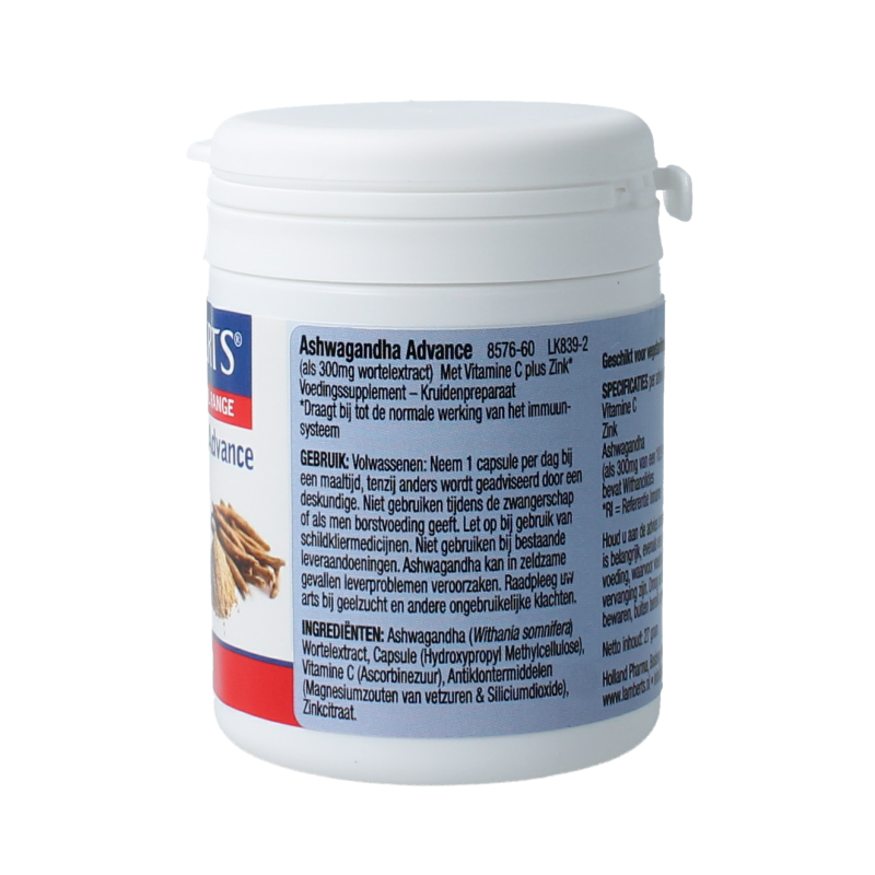 Lamberts Ashwagandha advanced supplement in 60 capsules, herbal preparation from Kruidenpreparaten brand.