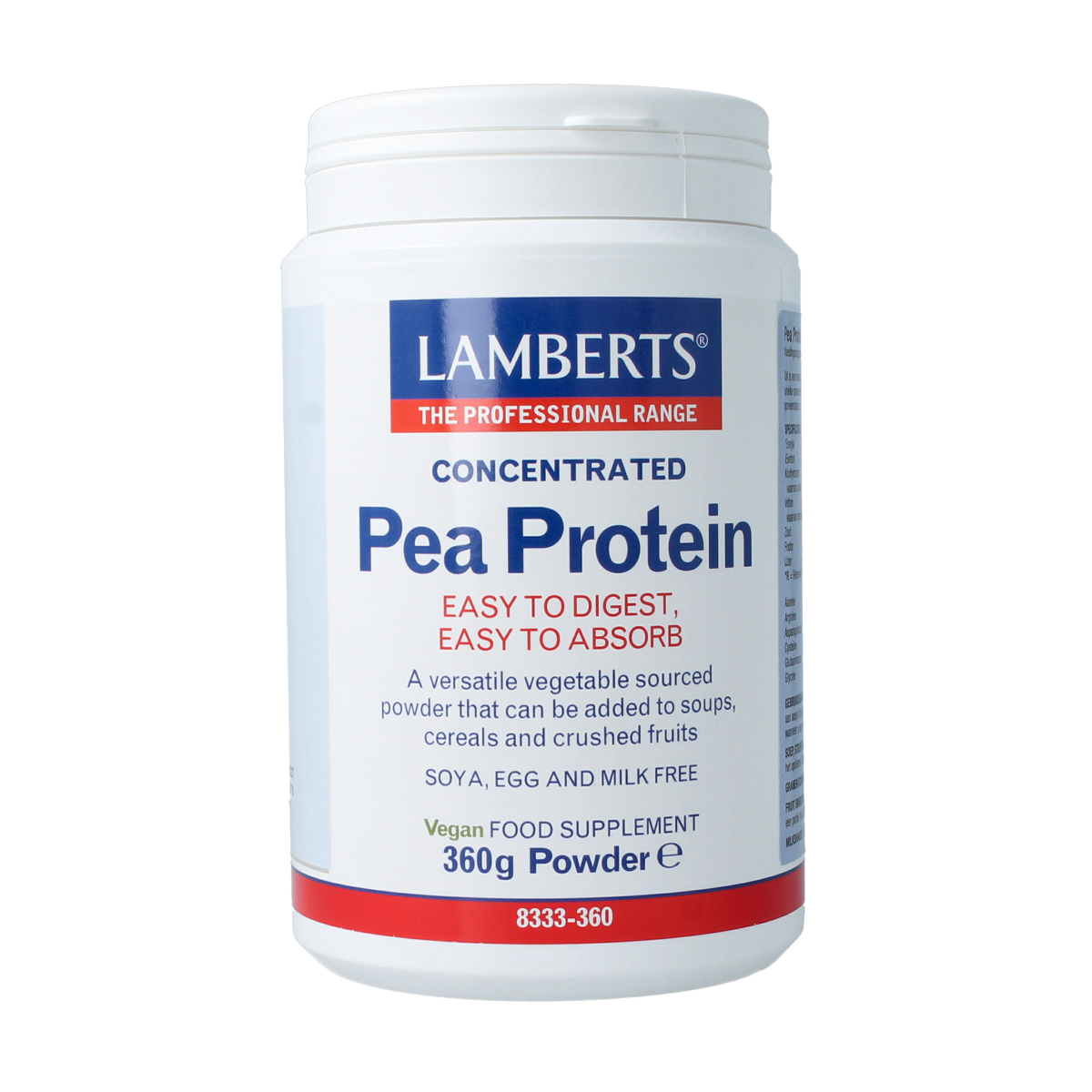 Lamberts Pea Protein Powder 360g container with amino acids label, natural green pea-based supplement for muscle support