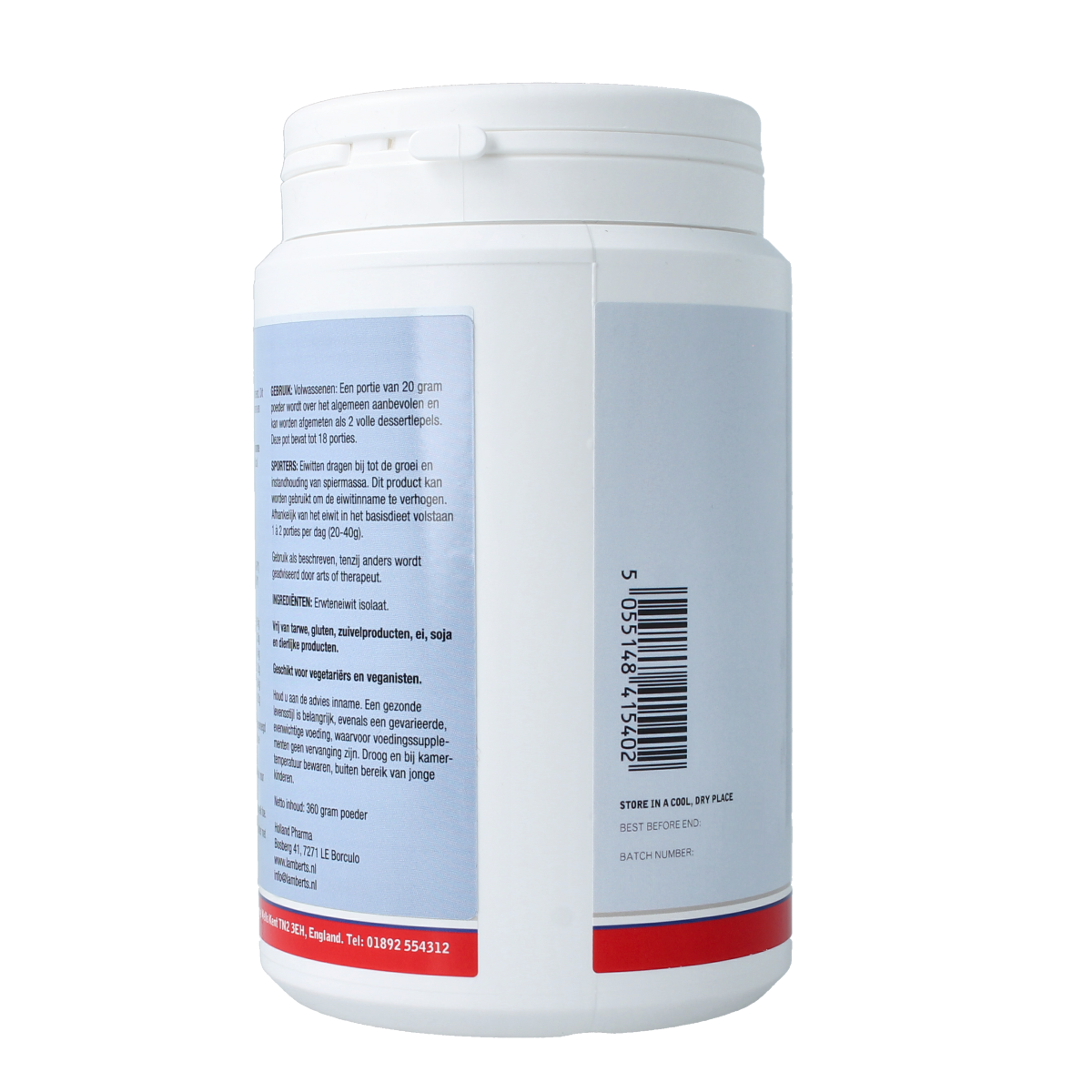 Lamberts Pea Protein Powder 360g container, amino acids supplement with green pea protein, natural sports nutrition product.