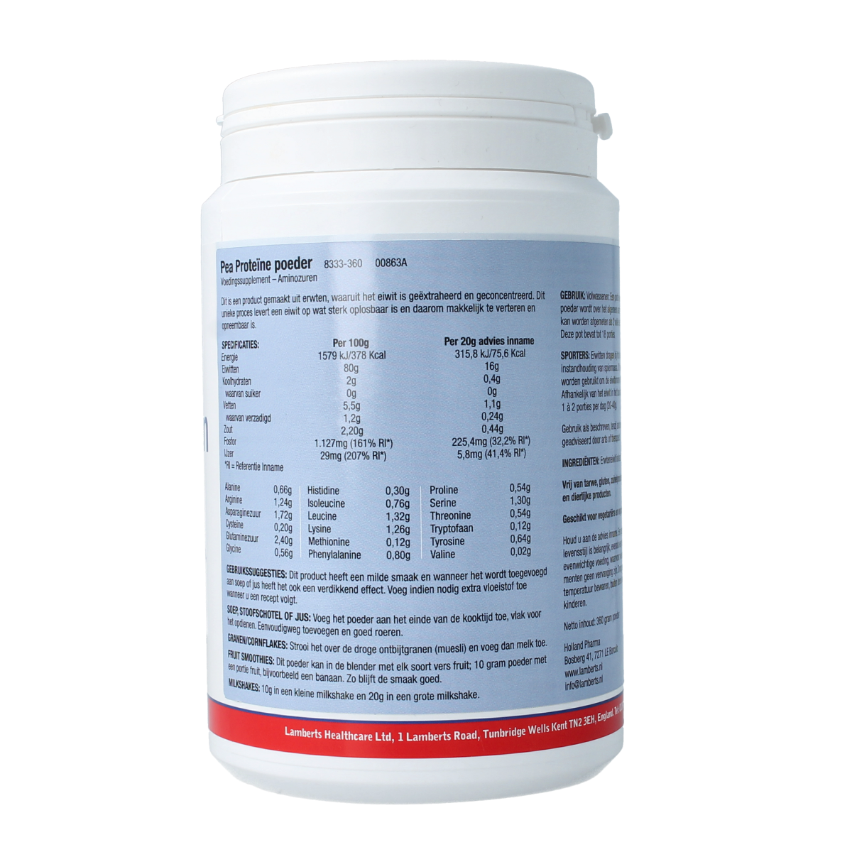 Lamberts Pea Protein Powder 360g container, featuring the label and product packaging, designed for amino acids supplement.