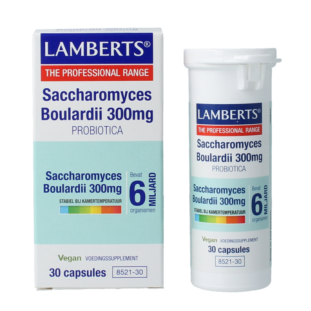Lamberts Saccharomyces boulardii probiotic capsules, dietary supplement, in a white bottle with label, close-up view