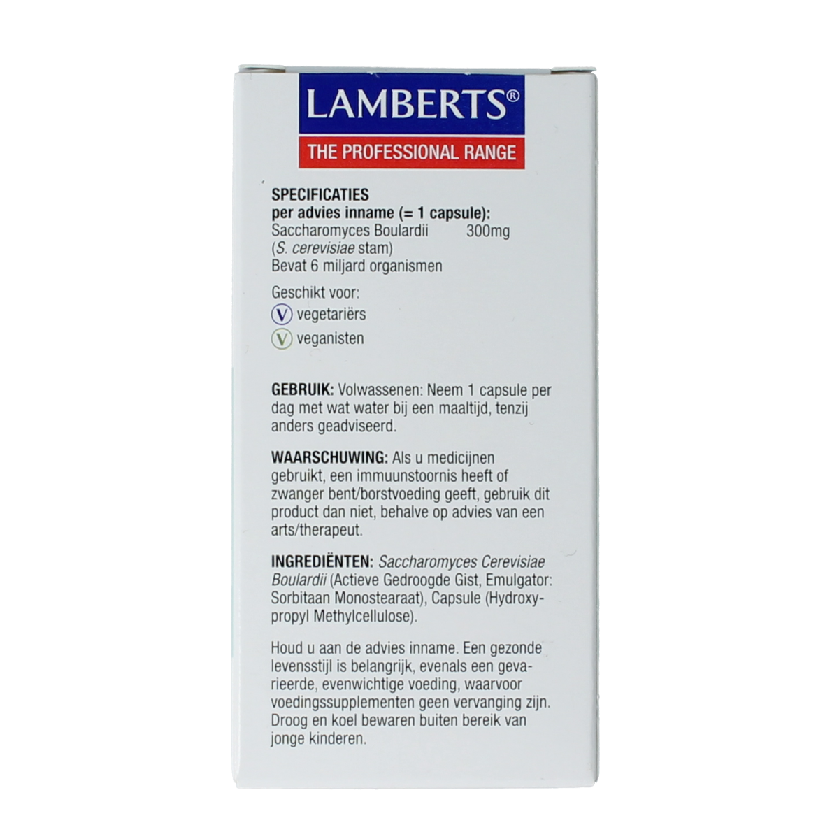 Lamberts Saccharomyces boulardii probiotic capsules, dietary supplement for gut health, in a white bottle with label.