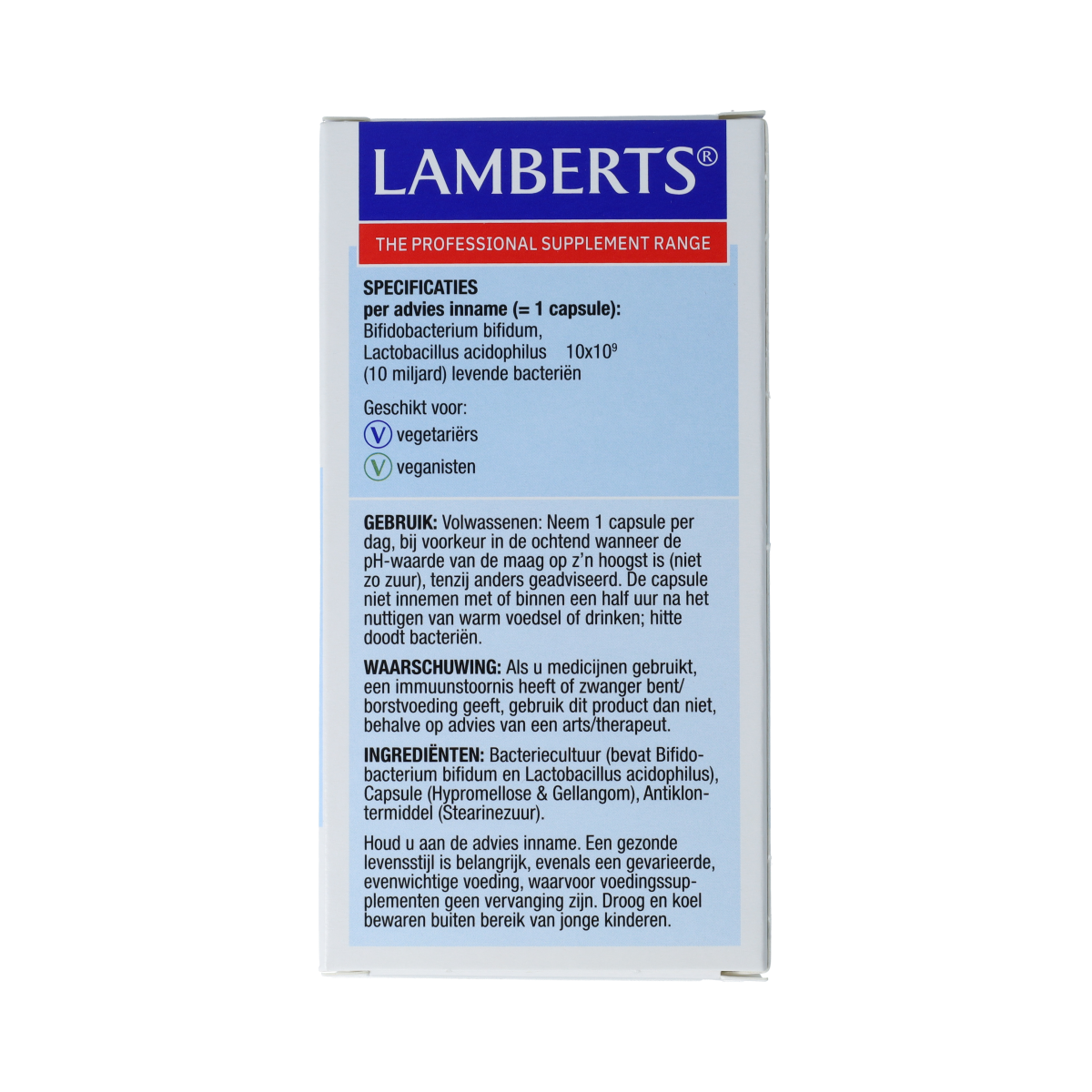 Lamberts Acidophilus Extra 10 probiotic capsules with micro-organisms for digestive health, shown in a blister pack.