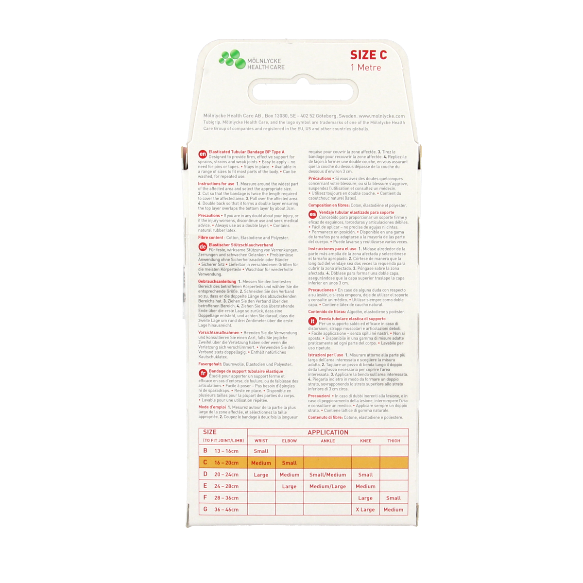 Elastic Tubigrip tubular bandage in skin tone, shown in a pack of one, designed for medical compression and support.