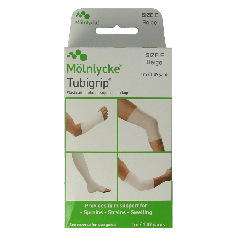 Tubigrip elastic tubular compression bandage for skin, in a single piece, designed for support and compression.