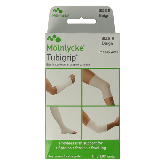 Tubigrip elastic tubular compression bandage for skin, in a single piece, designed for support and compression.