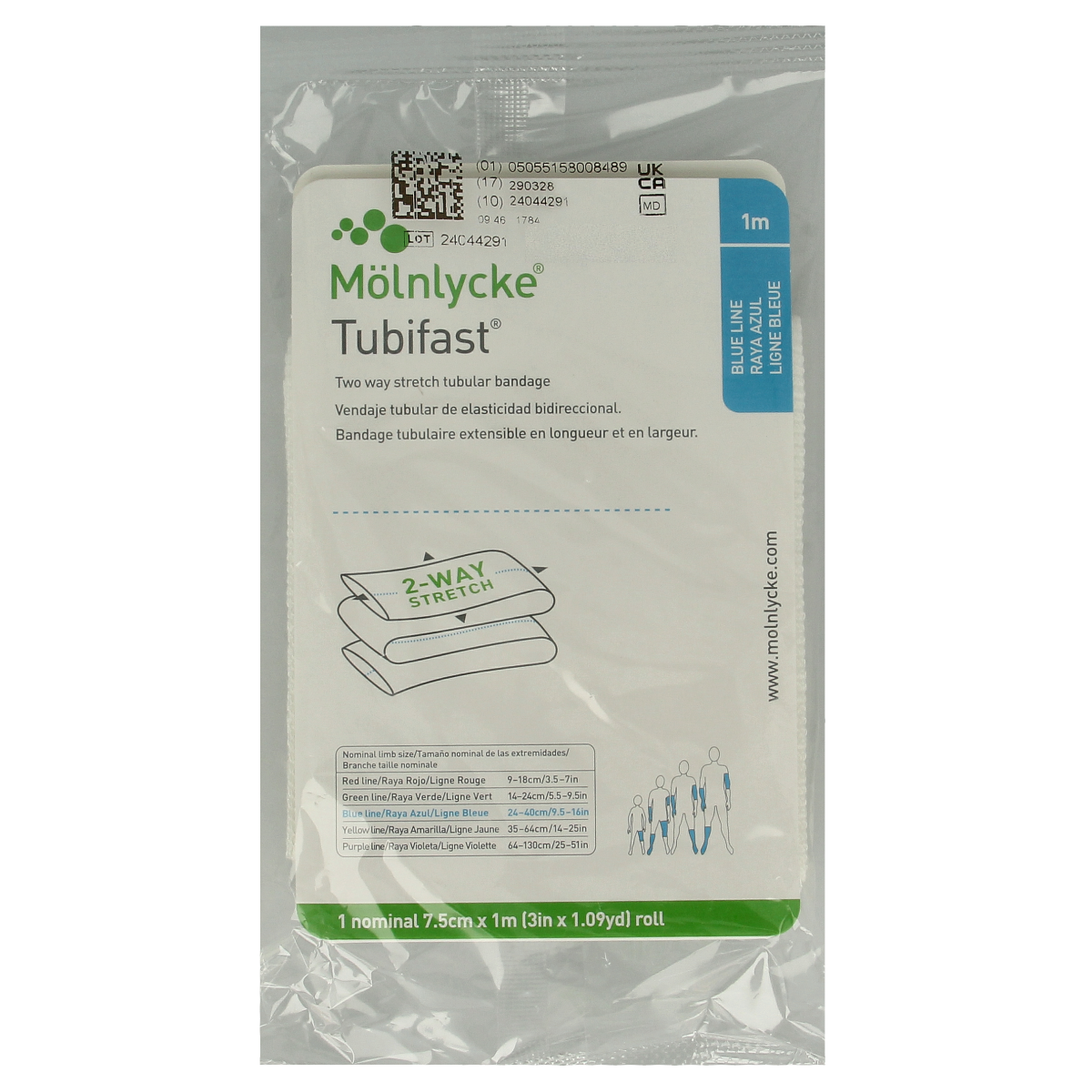 Blue Medeco Tubifast 1-meter medical bandage and dressing for wound care and compression therapy.