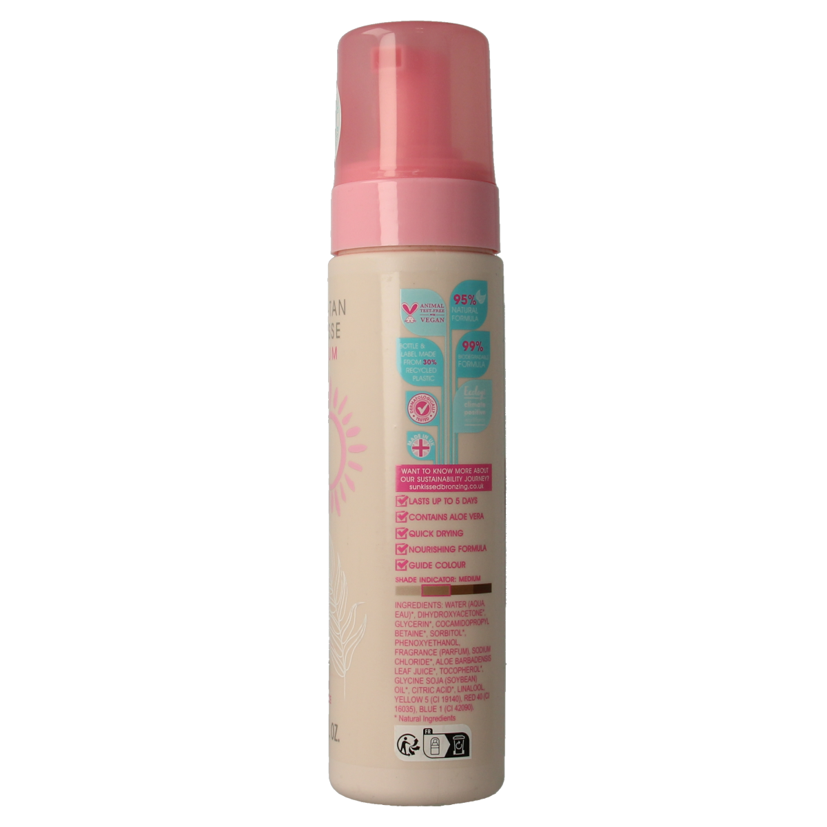 Sunkissed self-tan mousse in medium shade, 200ml bottle with pump dispenser, smooth and creamy texture for natural sun-kissed glow.