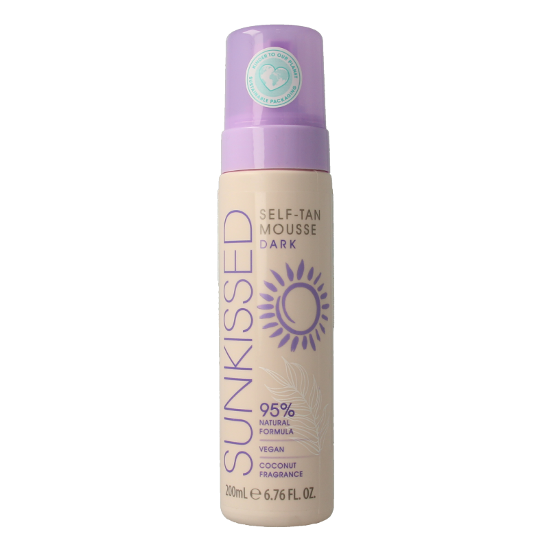 Sunkissed dark self-tan mousse in a 200ml bottle, sun-kissed glow, smooth application, suitable for a natural tan look.