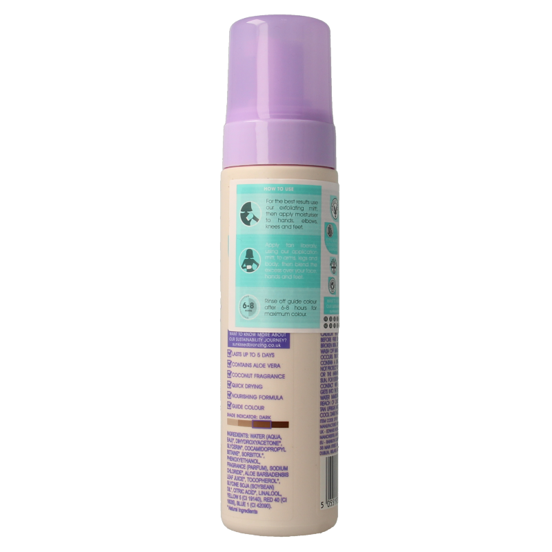 Sunkissed dark self-tan mousse in a 200ml bottle, showing the product's packaging and tan mousse texture.