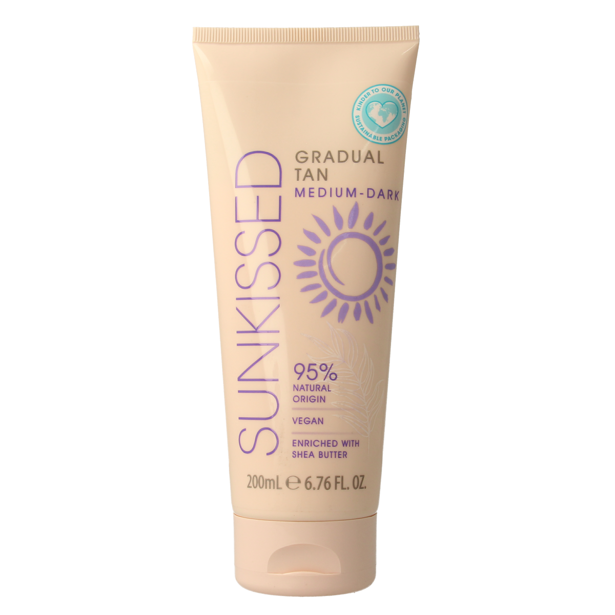 Sunkissed Gradual Tan medium dark bottle, 200ml, Zonnen skincare product with a sleek design and tan-inspired packaging.