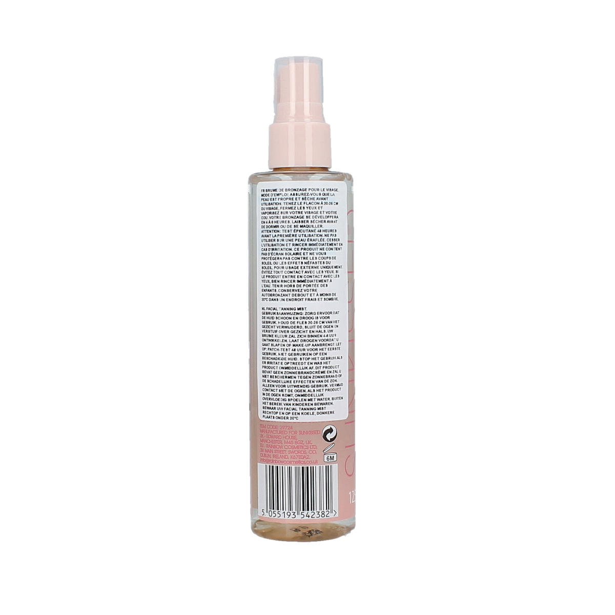 Sunkissed Zonnen clear ocean facial tanning mist in 125ml bottle, showing the product with its label and transparent packaging.