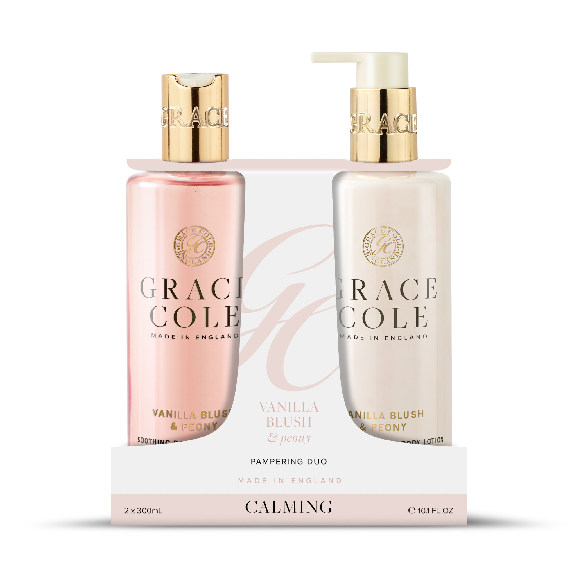 Grace Cole Vanilla Blush & Peony bodycare duo featuring two bottles of luxurious body lotion and shower gel.