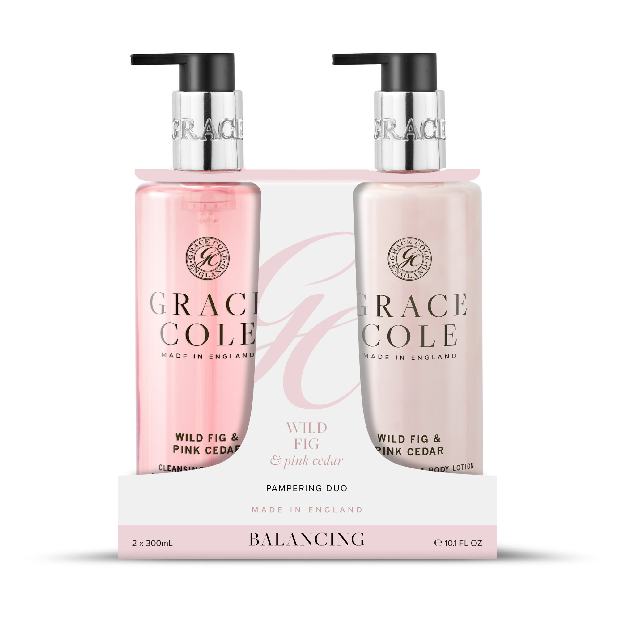 Grace Cole Wild Fig & Cedar handcare duo with two bottles, featuring natural fig and cedar scent in elegant packaging.