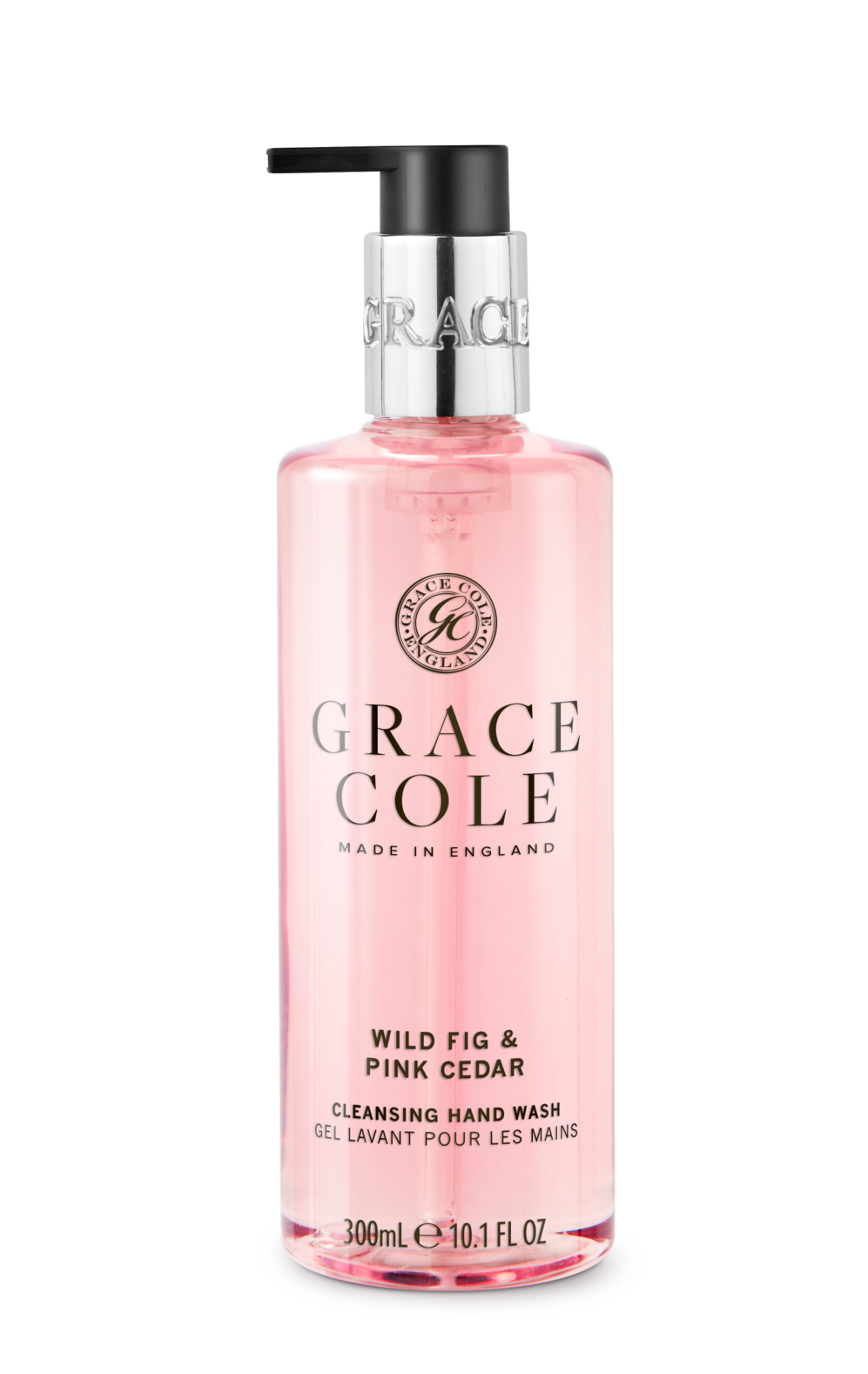 Grace Cole Wild Fig & Cedar hand wash bottle with floral and cedar scent, 300ml, showcasing the product label and pump dispenser.