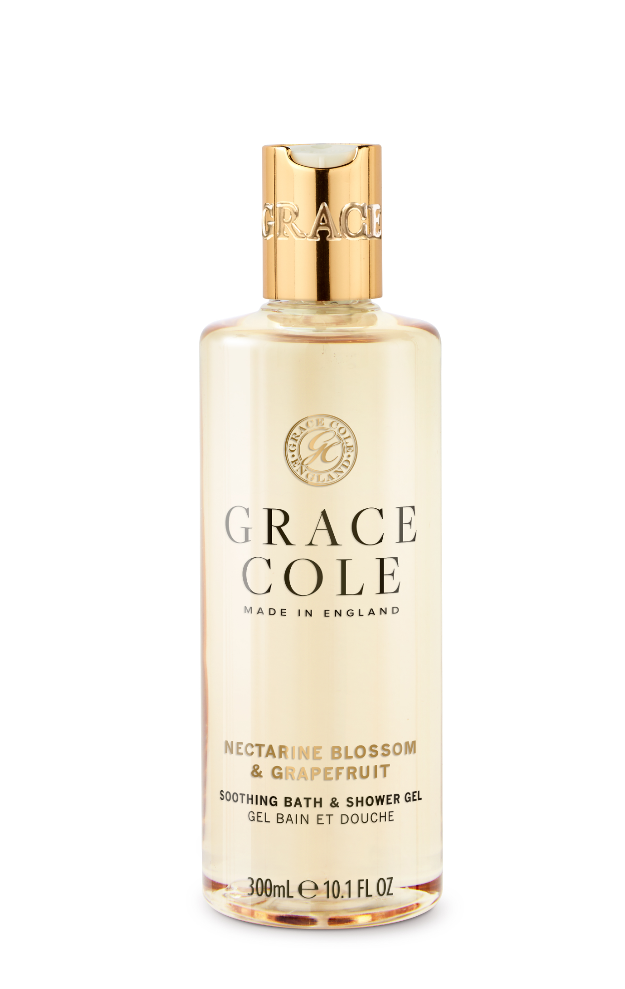 Grace Cole Nectarine Blossom & Grapefruit body wash bottle, 300ml, featuring a sleek design with floral and citrus accents.