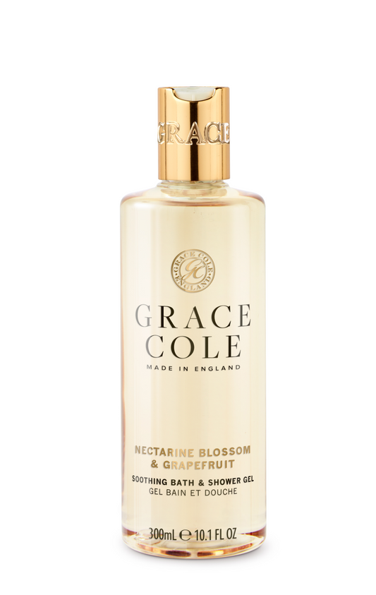 Grace Cole Nectarine Blossom & Grapefruit body wash bottle, 300ml, featuring a sleek design with floral and citrus accents.