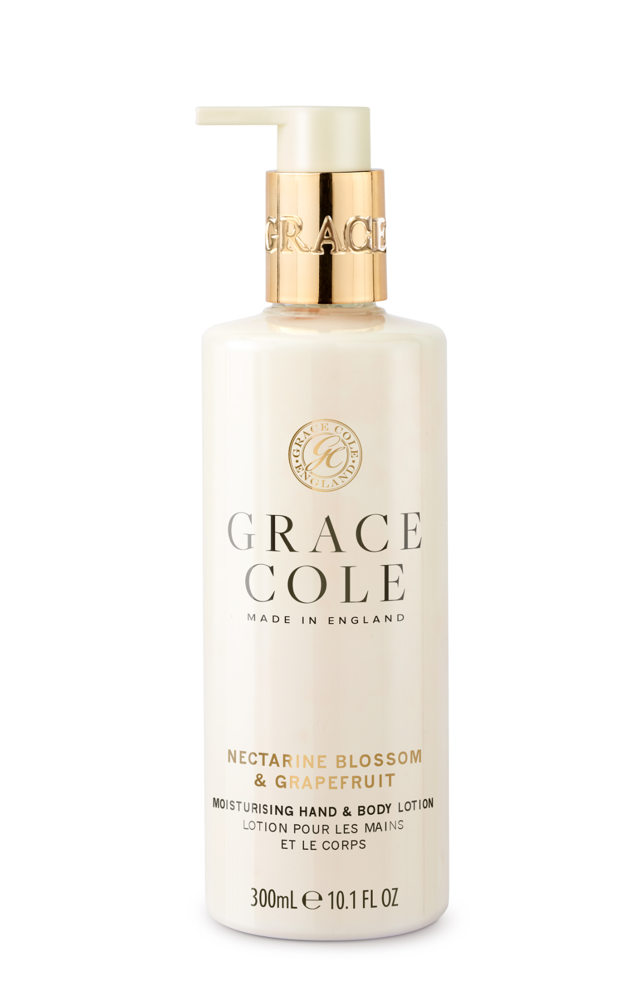 Grace Cole Nectarine Blossom & Grapefruit body lotion bottle, 300ml, with pink and orange floral design on the label.